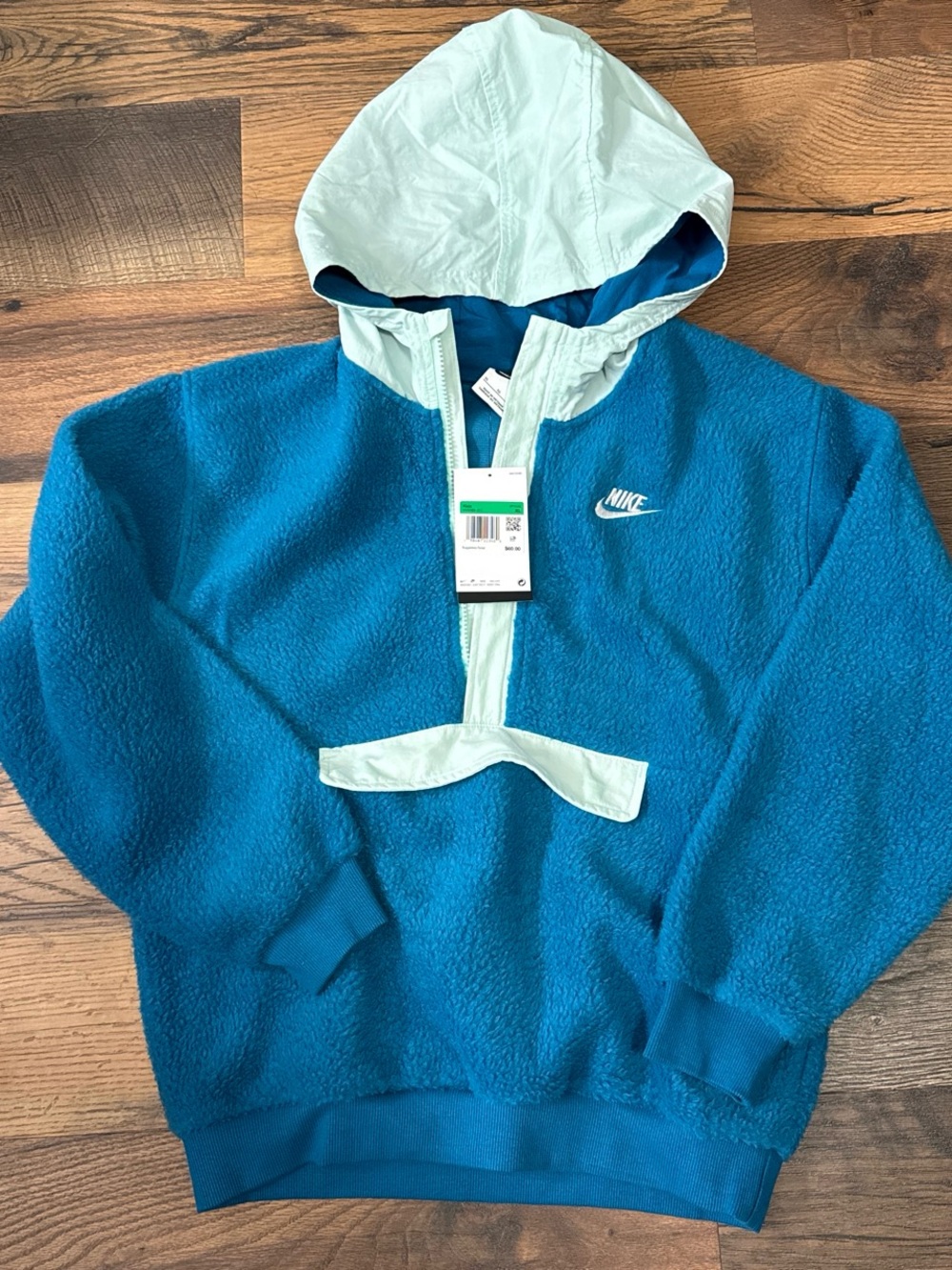 Nike Kids Teal Blue Hooded Fleece Pullover with Mint Trim fits like womens small